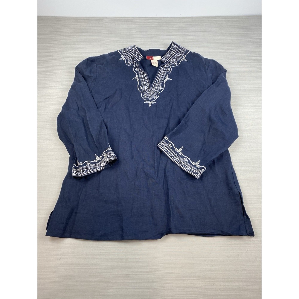 JM Collection Top Woman Size 12 Navy Blue 3/4 Sleeve Linen‎ Blouse